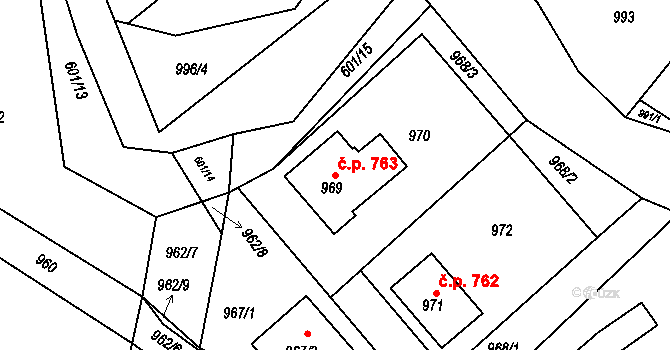 Buchlovice 763 na parcele st. 969 v KÚ Buchlovice, Katastrální mapa