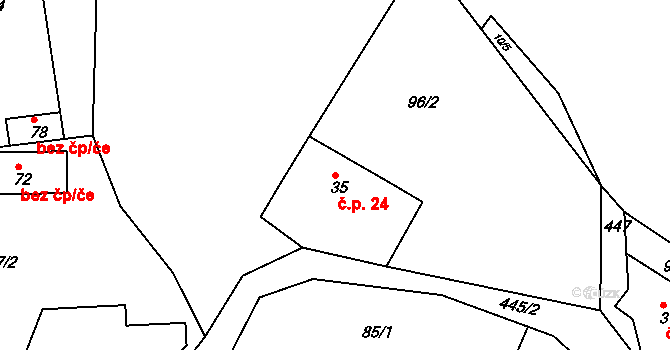 Kopec 24, Staré Křečany na parcele st. 35 v KÚ Kopec, Katastrální mapa