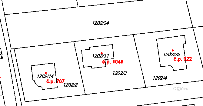 Vejprnice 1048 na parcele st. 1202/31 v KÚ Vejprnice, Katastrální mapa