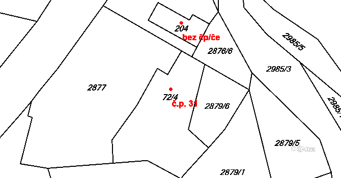 Tlucná 31, Horní Bělá na parcele st. 72/4 v KÚ Horní Bělá, Katastrální mapa