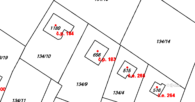 Dolní Jirčany 183, Psáry na parcele st. 656 v KÚ Dolní Jirčany, Katastrální mapa