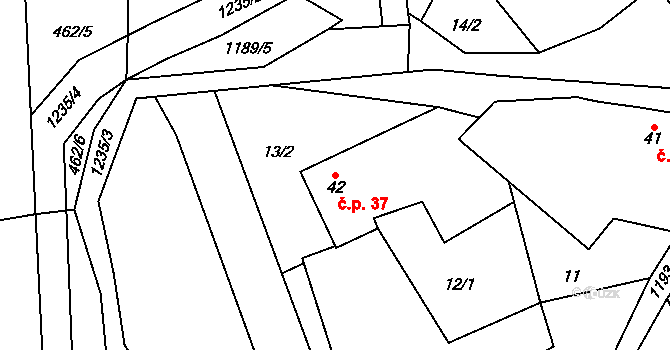 Mlýny 37 na parcele st. 42 v KÚ Mlýny u Choustníku, Katastrální mapa