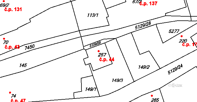Pocinovice 44 na parcele st. 257 v KÚ Pocinovice, Katastrální mapa