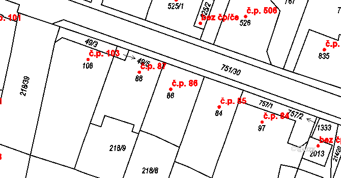 Svítkov 86, Pardubice na parcele st. 86 v KÚ Svítkov, Katastrální mapa