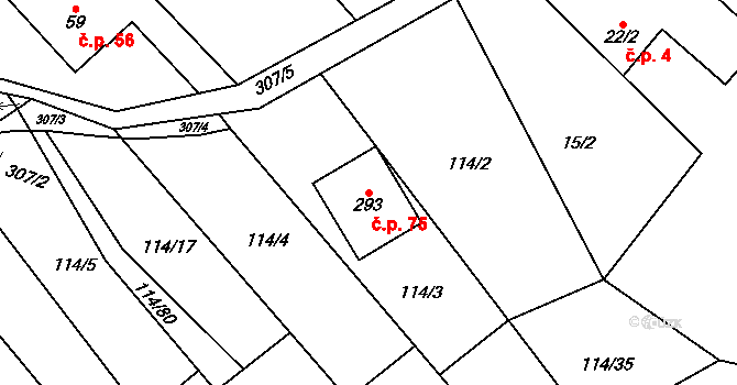 Velenov 75 na parcele st. 293 v KÚ Velenov, Katastrální mapa