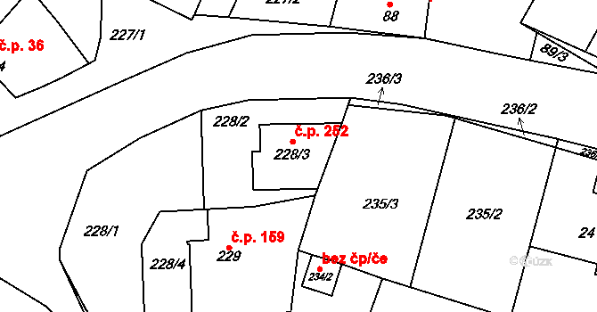 Ostrovačice 252 na parcele st. 228/3 v KÚ Ostrovačice, Katastrální mapa