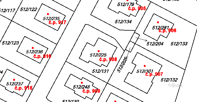 Srubec 908 na parcele st. 512/225 v KÚ Srubec, Katastrální mapa