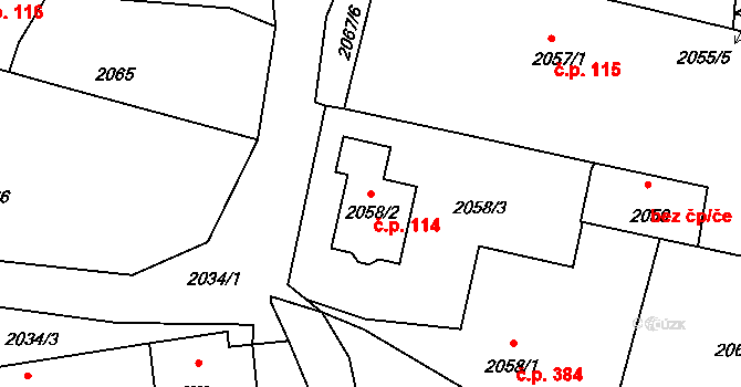 Kunín 114 na parcele st. 2058/2 v KÚ Kunín, Katastrální mapa