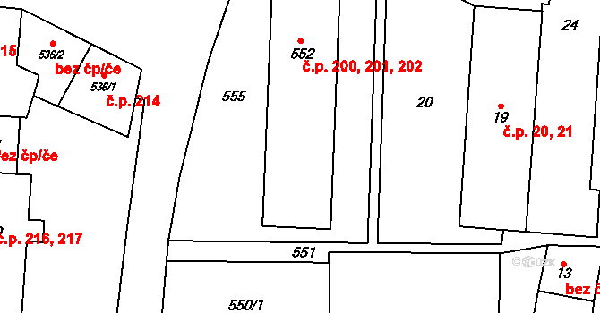 Fulnek 200,201,202 na parcele st. 552 v KÚ Fulnek, Katastrální mapa