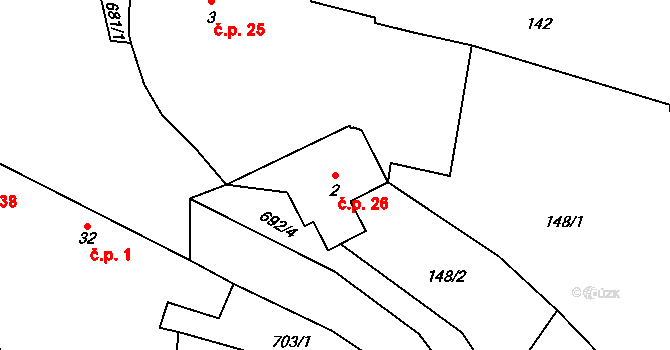 Třešňový Újezdec 26, Lhenice na parcele st. 2 v KÚ Třešňový Újezdec, Katastrální mapa