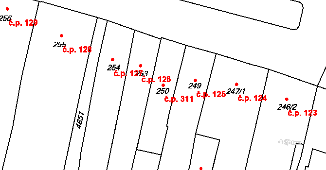 Louny 311 na parcele st. 250 v KÚ Louny, Katastrální mapa