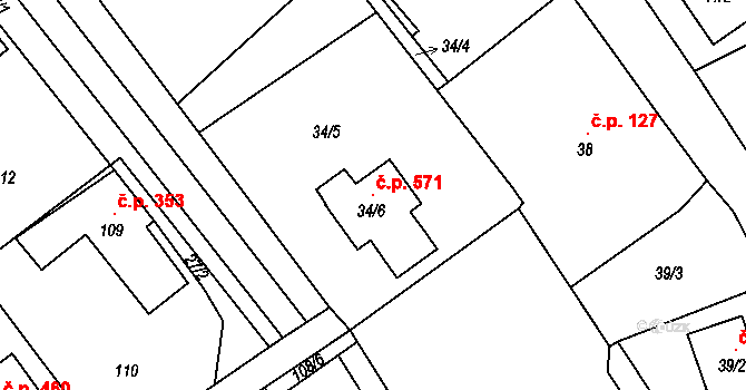 Hodslavice 571 na parcele st. 34/6 v KÚ Hodslavice, Katastrální mapa