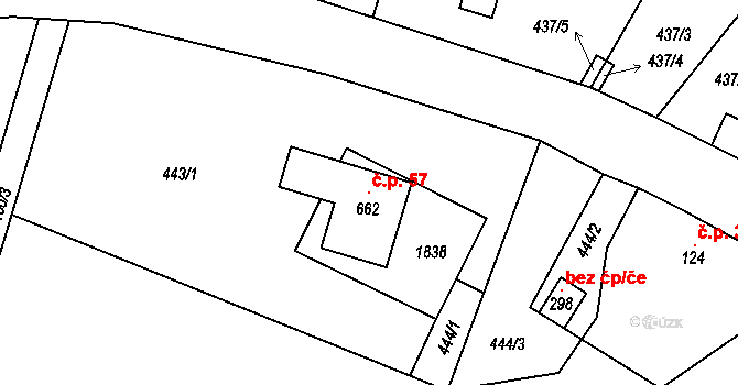Roudný 57, Karlovice na parcele st. 662 v KÚ Karlovice, Katastrální mapa