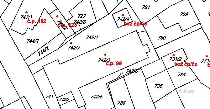 Dobruška 99 na parcele st. 742/3 v KÚ Dobruška, Katastrální mapa