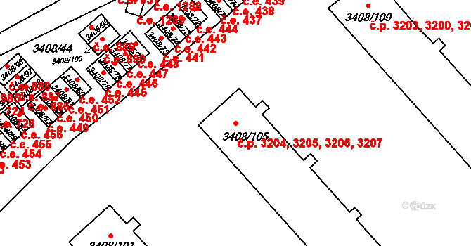 Znojmo 3204,3205,3206,3207 na parcele st. 3408/105 v KÚ Znojmo-město, Katastrální mapa