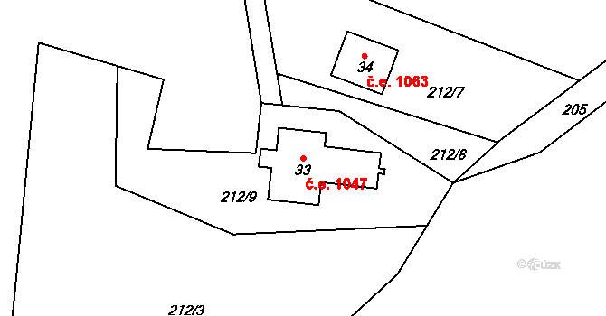 Rejdice 1047, Kořenov na parcele st. 33 v KÚ Rejdice, Katastrální mapa
