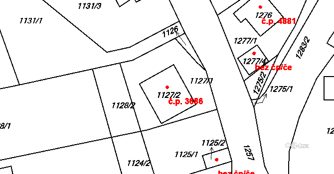 Mšeno nad Nisou 3686, Jablonec nad Nisou na parcele st. 1127/2 v KÚ Mšeno nad Nisou, Katastrální mapa