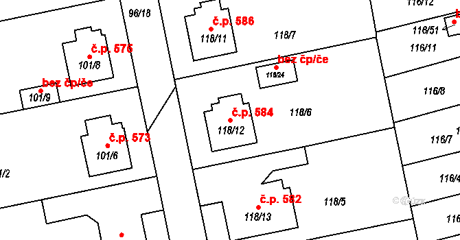 Lyžbice 584, Třinec na parcele st. 118/12 v KÚ Lyžbice, Katastrální mapa