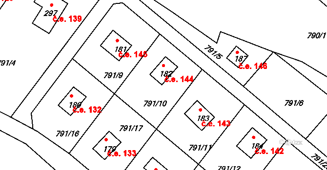 Břežany 144, Lešany na parcele st. 182 v KÚ Břežany u Lešan, Katastrální mapa