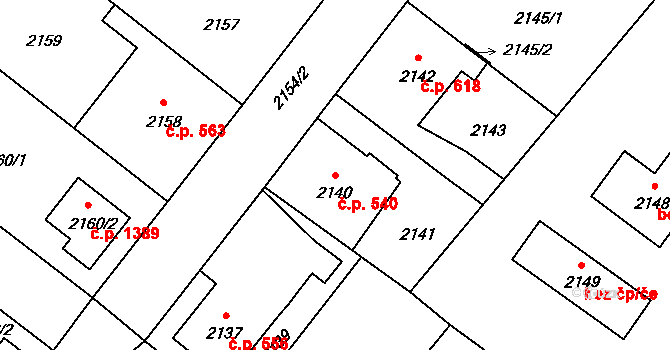 Úvaly 540 na parcele st. 2140 v KÚ Úvaly u Prahy, Katastrální mapa