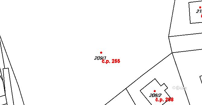 Loděnice 255 na parcele st. 209/1 v KÚ Loděnice u Berouna, Katastrální mapa
