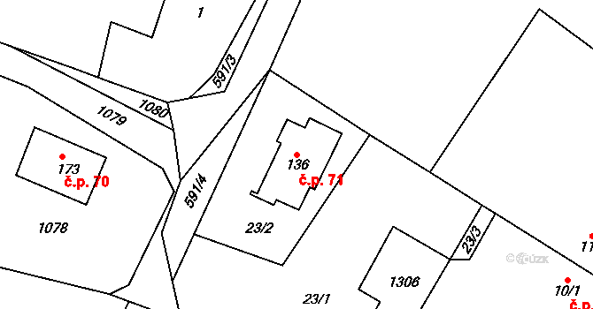 Třebnouševes 71 na parcele st. 136 v KÚ Třebnouševes, Katastrální mapa