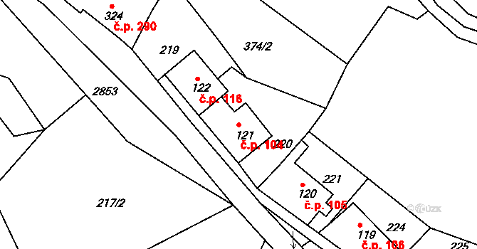 Krupka 104 na parcele st. 121 v KÚ Krupka, Katastrální mapa