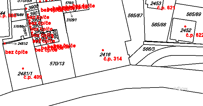 Borovina 314, Třebíč na parcele st. 2416/1 v KÚ Třebíč, Katastrální mapa