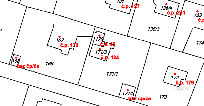 Čelkovice 184, Tábor na parcele st. 171/3 v KÚ Čelkovice, Katastrální mapa