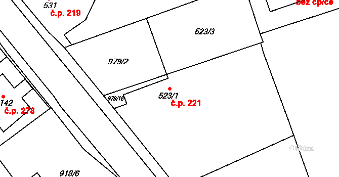 Martinov 221, Záryby na parcele st. 523/1 v KÚ Martinov, Katastrální mapa