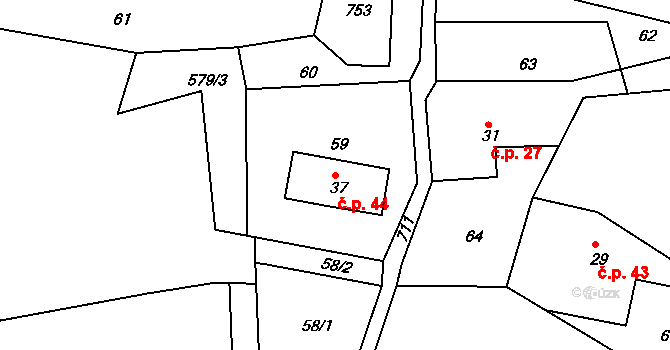 Proruby 44 na parcele st. 37 v KÚ Proruby u Potštejna, Katastrální mapa