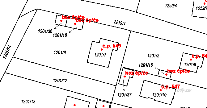 Suchdol nad Lužnicí 549 na parcele st. 1201/7 v KÚ Suchdol nad Lužnicí, Katastrální mapa