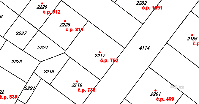 Vinohrady 752, Praha na parcele st. 2217 v KÚ Vinohrady, Katastrální mapa