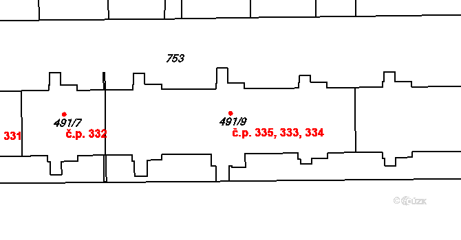 Horní Měcholupy 333,334,335, Praha na parcele st. 491/9 v KÚ Horní Měcholupy, Katastrální mapa