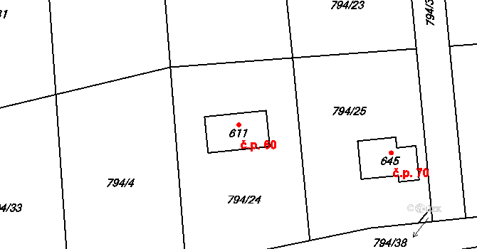 Halouny 60, Svinaře na parcele st. 611 v KÚ Svinaře, Katastrální mapa
