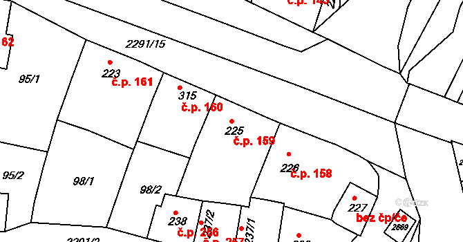 Rožmitál pod Třemšínem 159 na parcele st. 225 v KÚ Rožmitál pod Třemšínem, Katastrální mapa