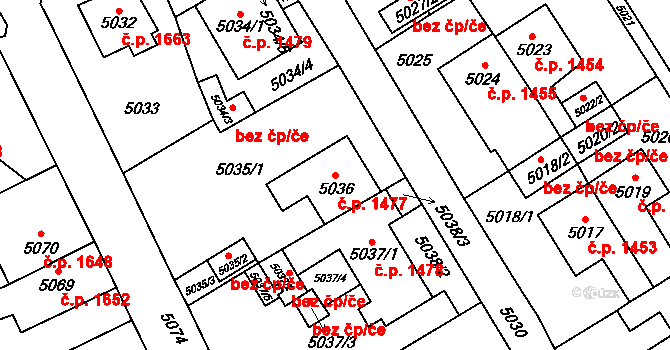 Chomutov 1477 na parcele st. 5036 v KÚ Chomutov I, Katastrální mapa