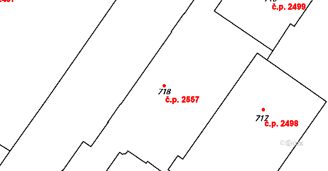 Východní Předměstí 2557, Plzeň na parcele st. 718 v KÚ Plzeň, Katastrální mapa