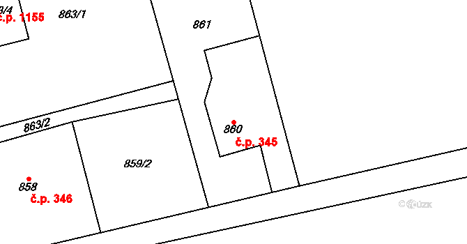 Bludovice 345, Havířov na parcele st. 860 v KÚ Bludovice, Katastrální mapa