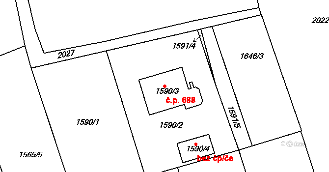 Buštěhrad 688 na parcele st. 1590/3 v KÚ Buštěhrad, Katastrální mapa