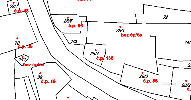 Kožichovice 130 na parcele st. 28/4 v KÚ Kožichovice, Katastrální mapa