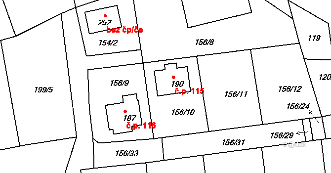 Klení 115, Benešov nad Černou na parcele st. 190 v KÚ Klení, Katastrální mapa