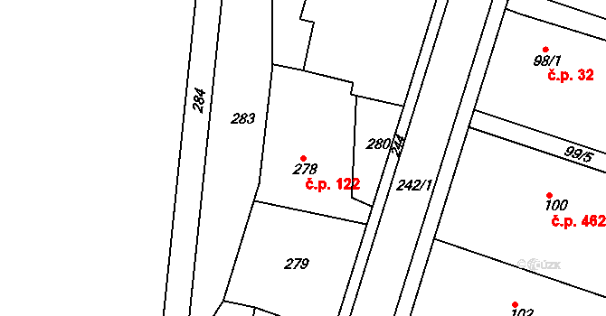 Želechovice nad Dřevnicí 122 na parcele st. 278 v KÚ Želechovice nad Dřevnicí, Katastrální mapa