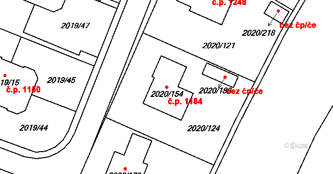 Holice 1184 na parcele st. 2020/154 v KÚ Holice v Čechách, Katastrální mapa