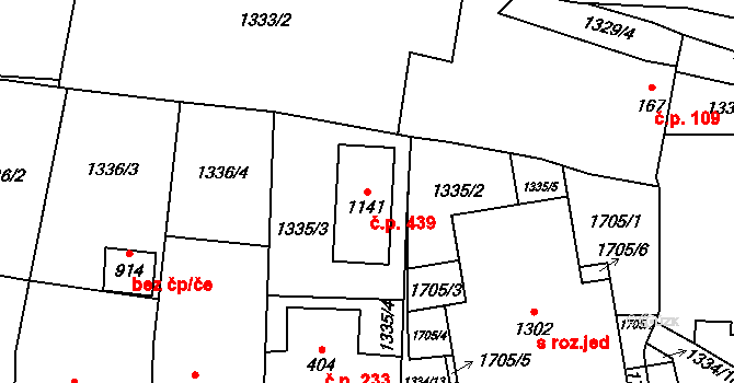 Příluky 439, Zlín na parcele st. 1141 v KÚ Příluky u Zlína, Katastrální mapa