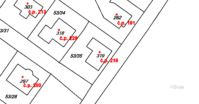 Suchá 216, Havlíčkův Brod na parcele st. 319 v KÚ Suchá u Havlíčkova Brodu, Katastrální mapa