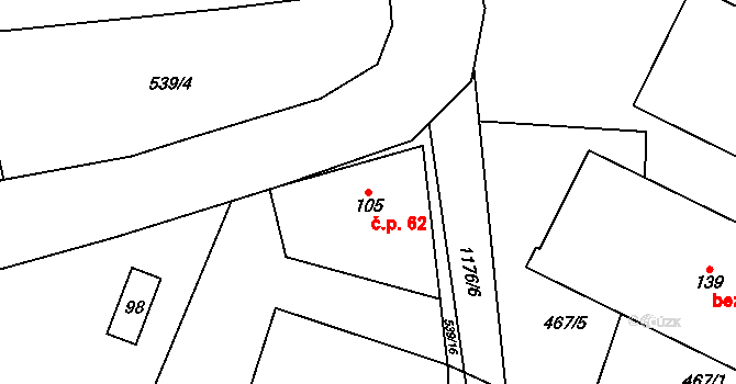 Keblov 62 na parcele st. 105 v KÚ Keblov, Katastrální mapa