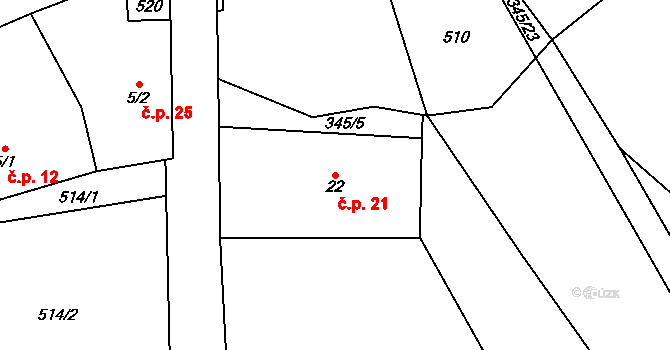 Kovářová 21, Ujčov na parcele st. 22 v KÚ Kovářová, Katastrální mapa