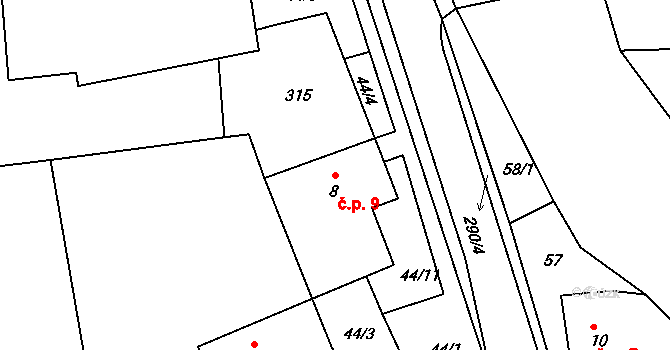 Lozice 9 na parcele st. 8 v KÚ Lozice, Katastrální mapa