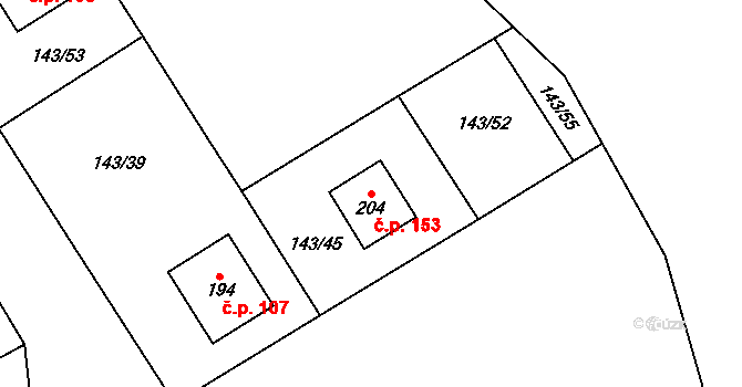 Chlum 153, Hlinsko na parcele st. 204 v KÚ Chlum u Hlinska, Katastrální mapa